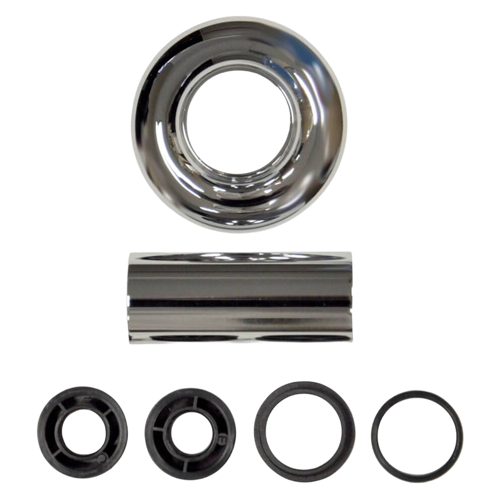 Chrome tub and shower flange set with circular and cylindrical components for home improvement plumbing tools