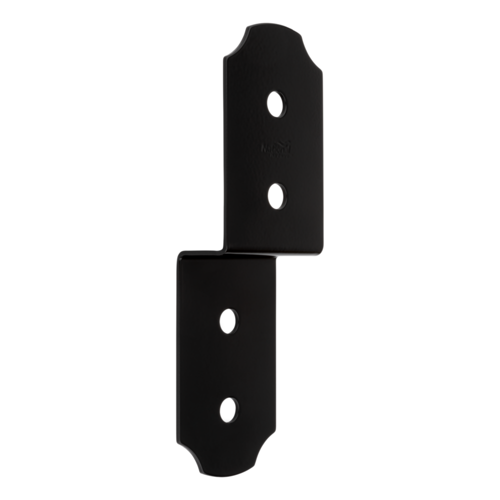 Black metal joist tie with decorative edges and pre-drilled holes for building hardware and lumber projects