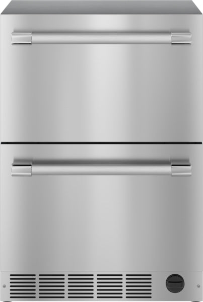Under counter stainless steel combo drawer refrigerator freezer with sleek handles in kitchen appliances collection