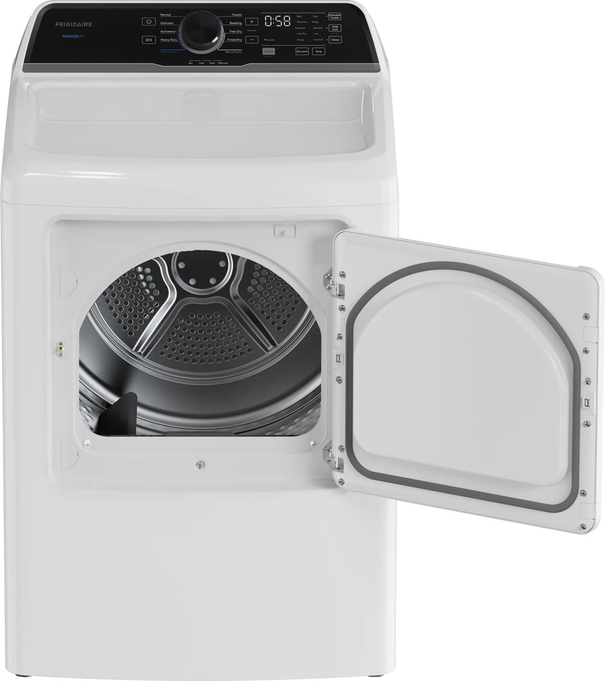 White gas dryer with electronic controls, digital timer display, and reversible door in dryers and appliances collections