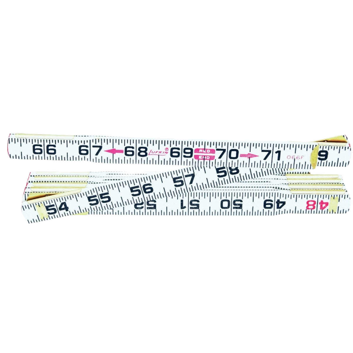 White wooden folding measuring rule with black and red markings for woodworking and hand tool use