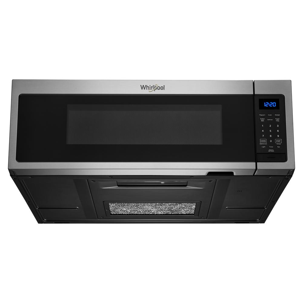 Underneath view of stainless steel low profile microwave hood combination with digital control panel in kitchen appliances collection