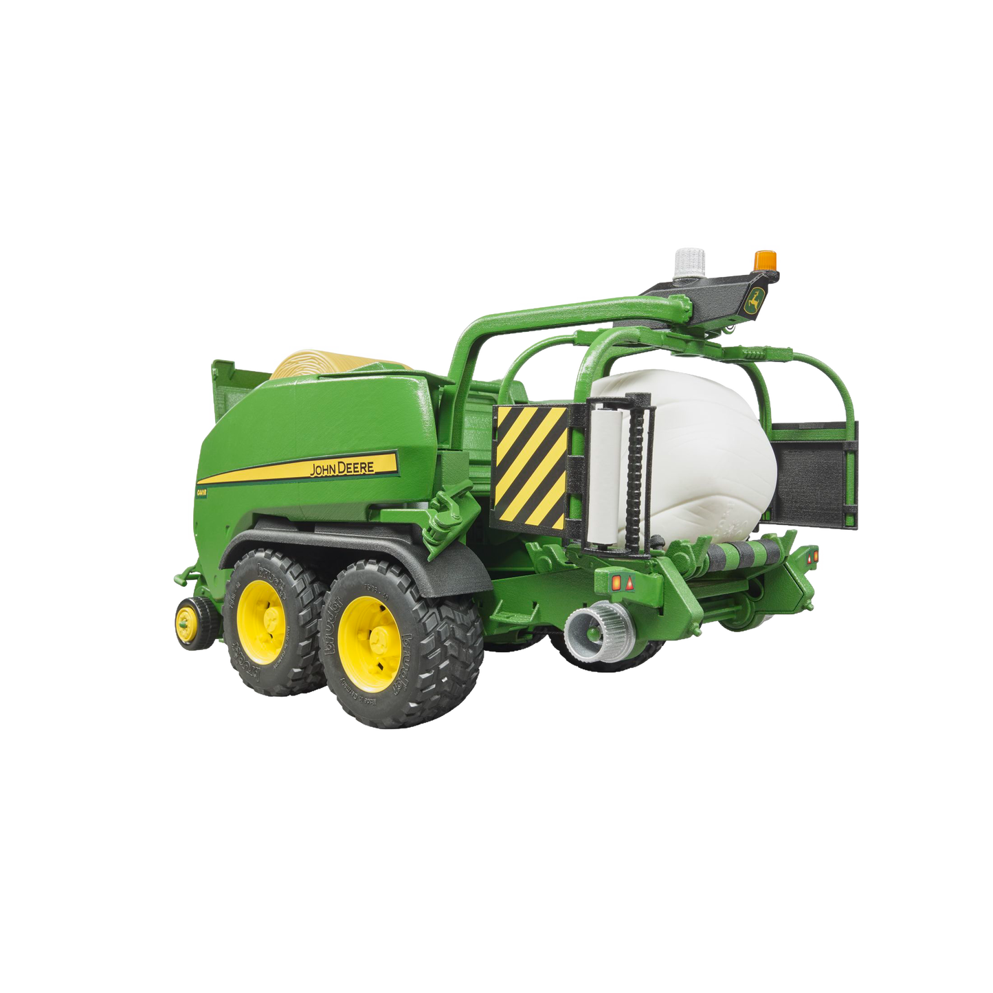 Green and yellow John Deere wrapping chamber baler toy with large white bale in Vehicles & Remote Controlled Toys collection