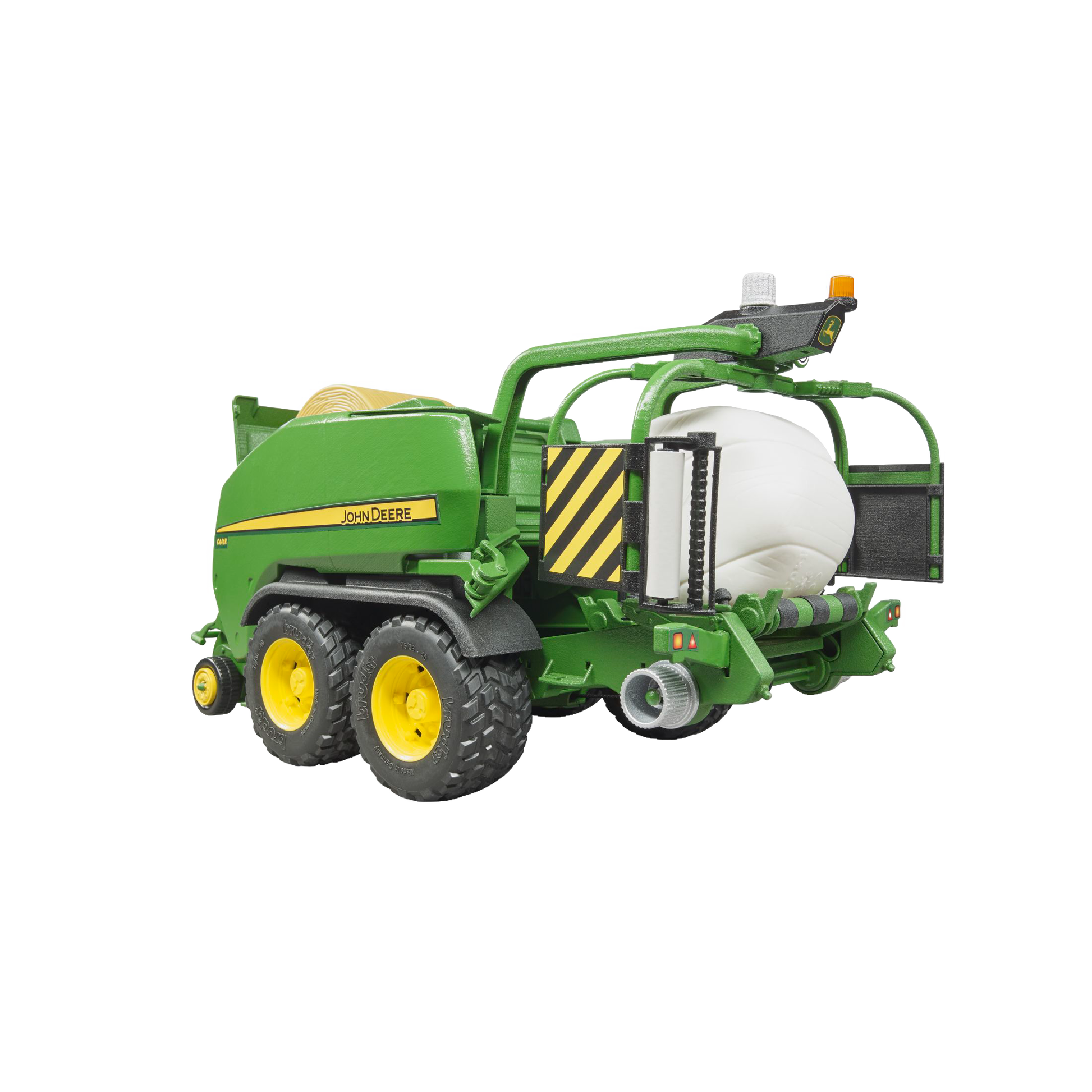 Green and yellow John Deere wrapping chamber baler toy with large white bale in Vehicles & Remote Controlled Toys collection