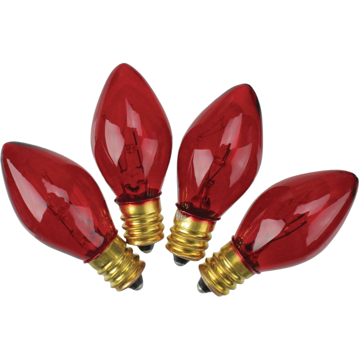 Set of four red candelabra bulbs with brass screw bases for home improvement and decorative lighting tasks