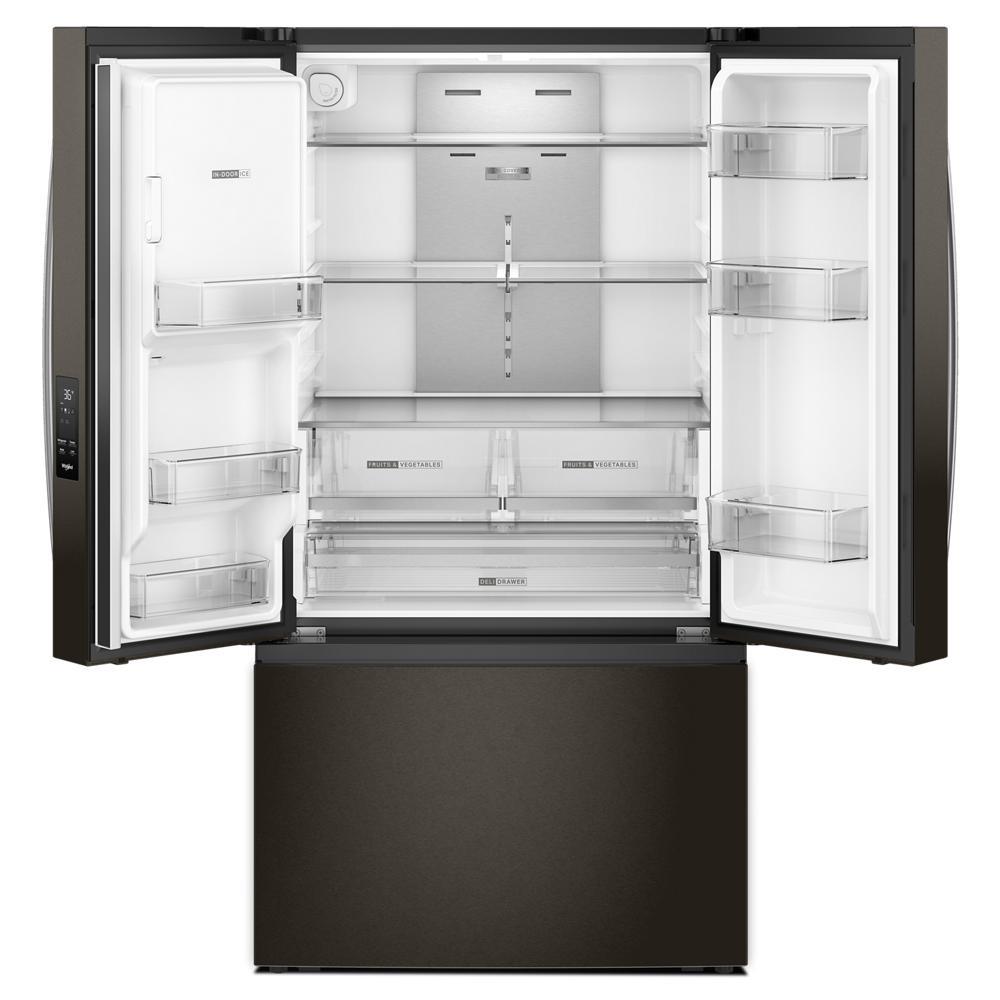 Open view of a spacious black French door refrigerator with multiple adjustable shelves and a bottom freezer drawer, featured in Refrigerators and Kitchen & Kitchenware collections.