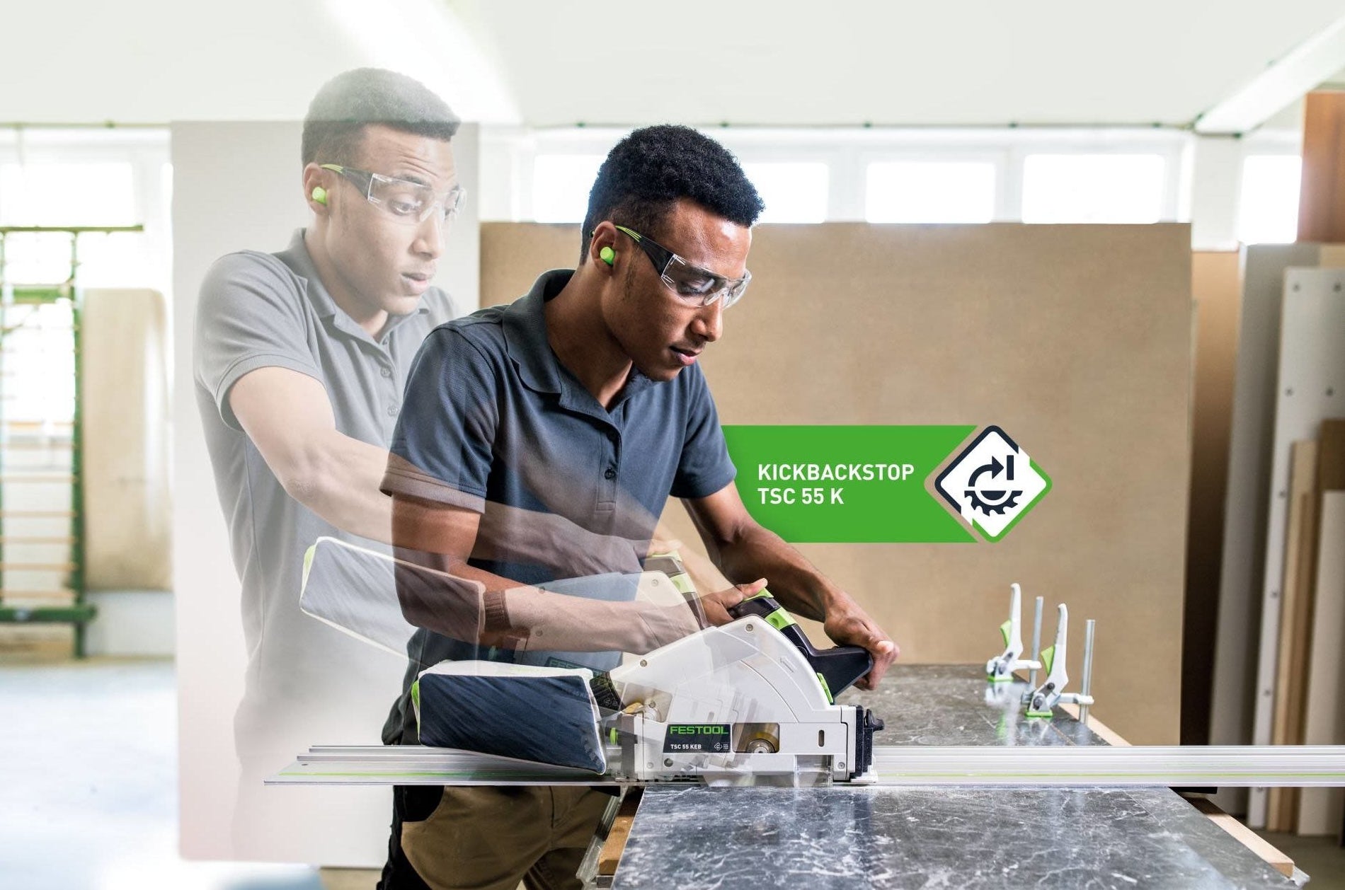 Man using Festool cordless track saw with kickback stop feature cutting countertop for home improvement tools