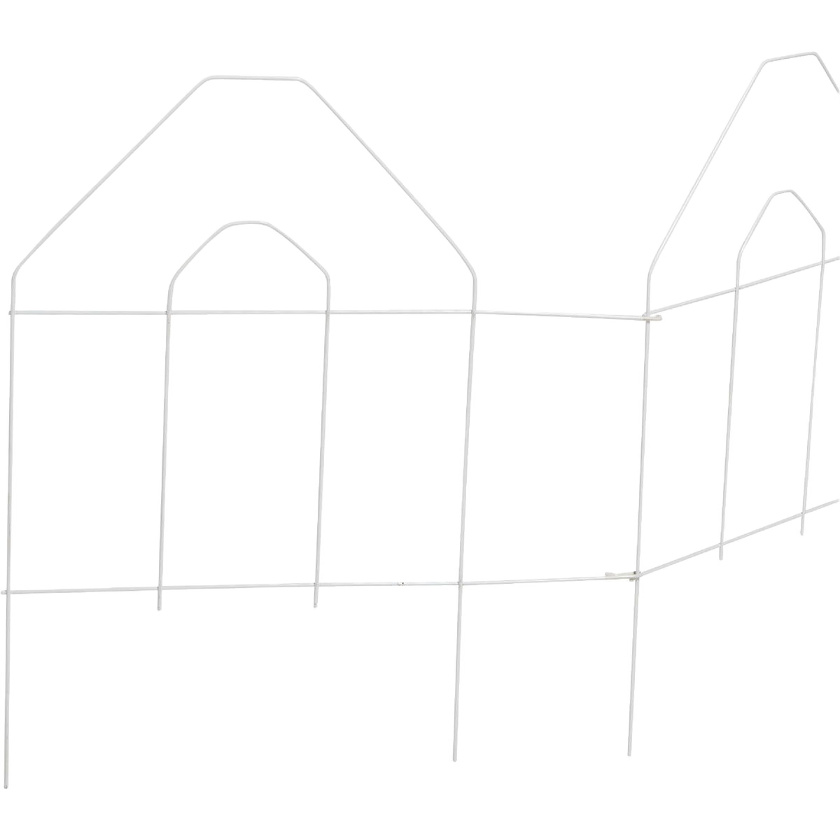 White galvanized wire garden fence panel with folding sections and decorative arched top for outdoor use and home improvement tasks