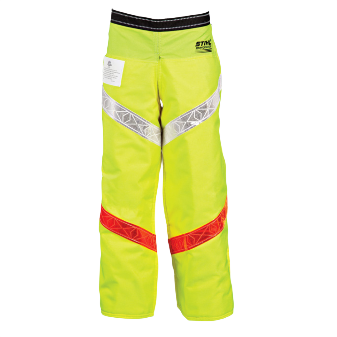 High-visibility yellow apron chaps with reflective stripes for safety in hardware and PPE collections.