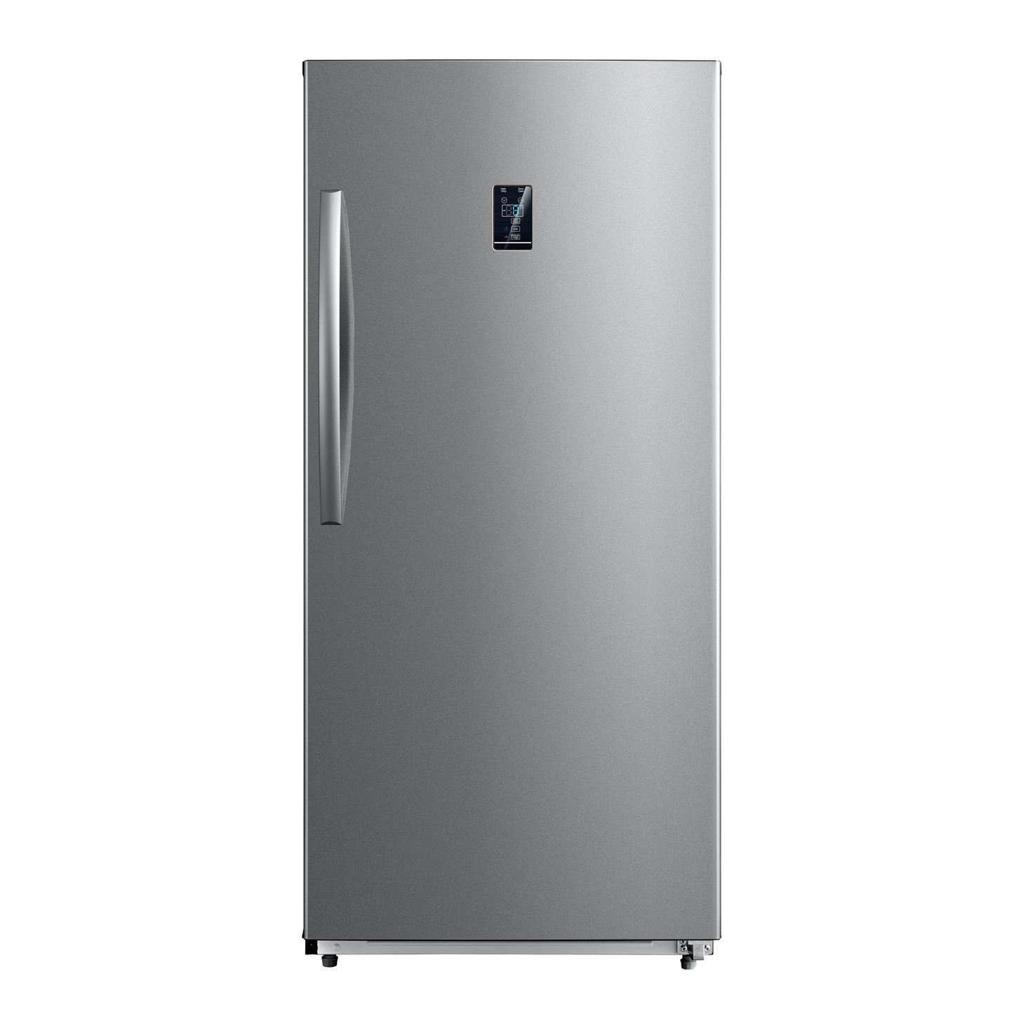 Stainless steel upright freezer with digital control panel, part of refrigerators and kitchen appliances collection