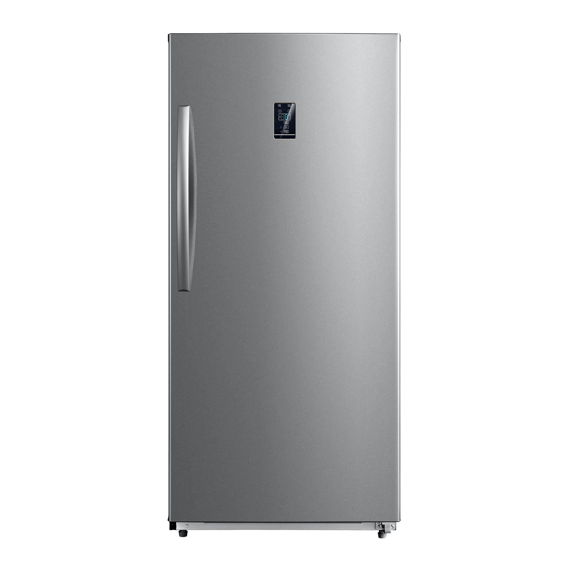 Stainless steel upright freezer with digital control panel, part of refrigerators and kitchen appliances collection