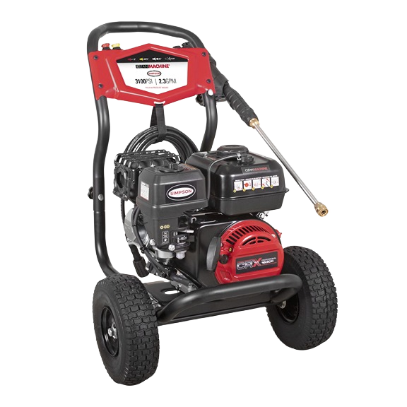 Gas-powered pressure washer with large wheels and spray wand for outdoor cleaning in tools and home improvement use