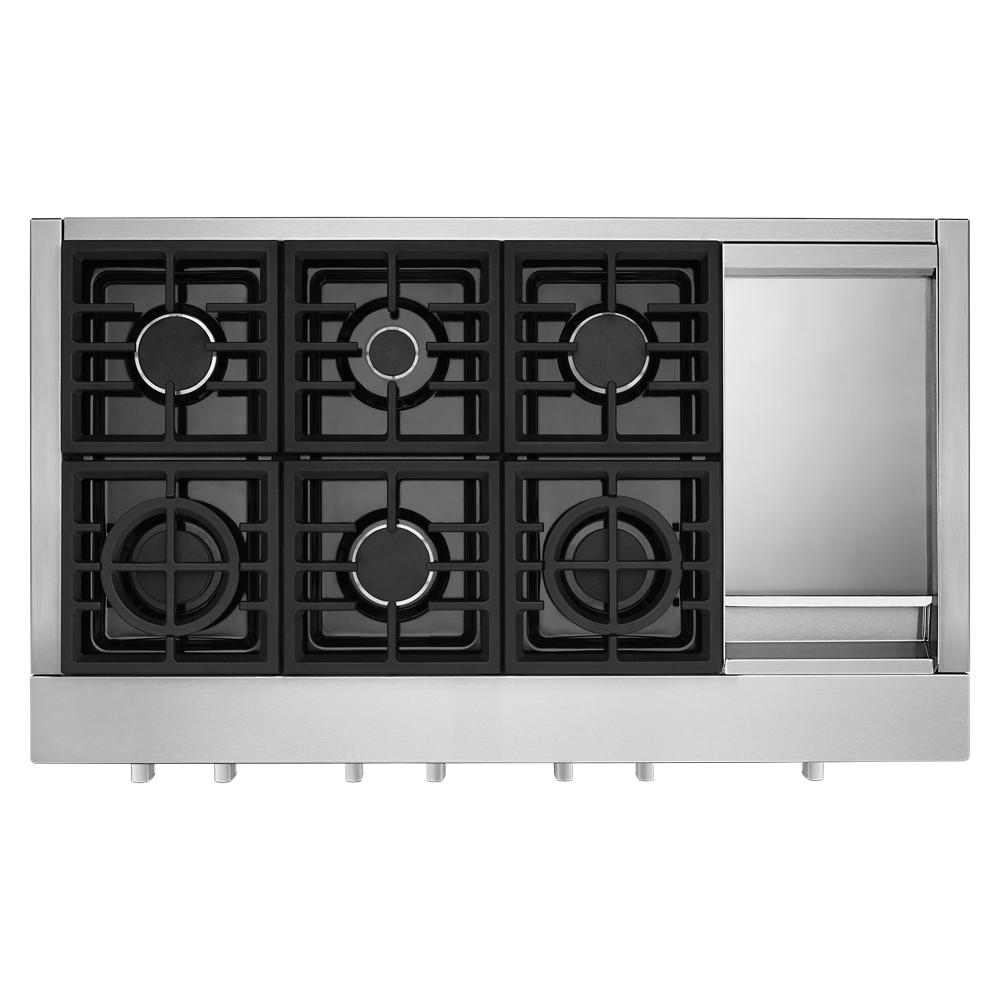 48-inch stainless steel gas rangetop with six burners and built-in electric griddle from gas cooktops collection