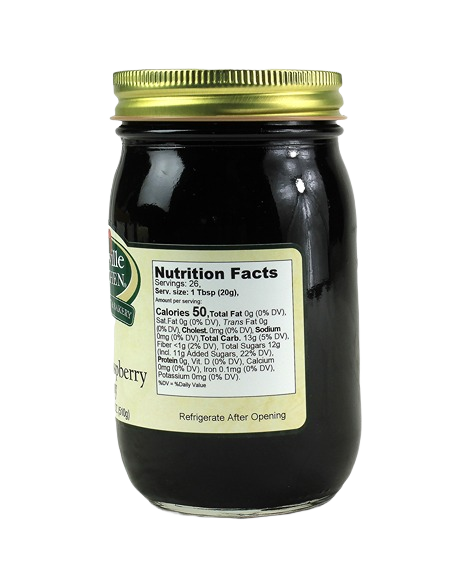 Glass jar showing back label with nutrition facts for black raspberry jelly under $50 jam and jellies category