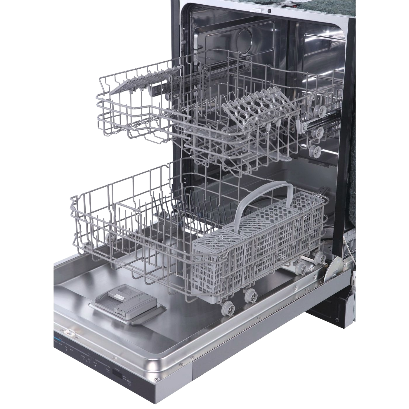 Open 24-inch built-in dishwasher with stainless steel and plastic hybrid tub, featuring adjustable racks and cutlery basket.