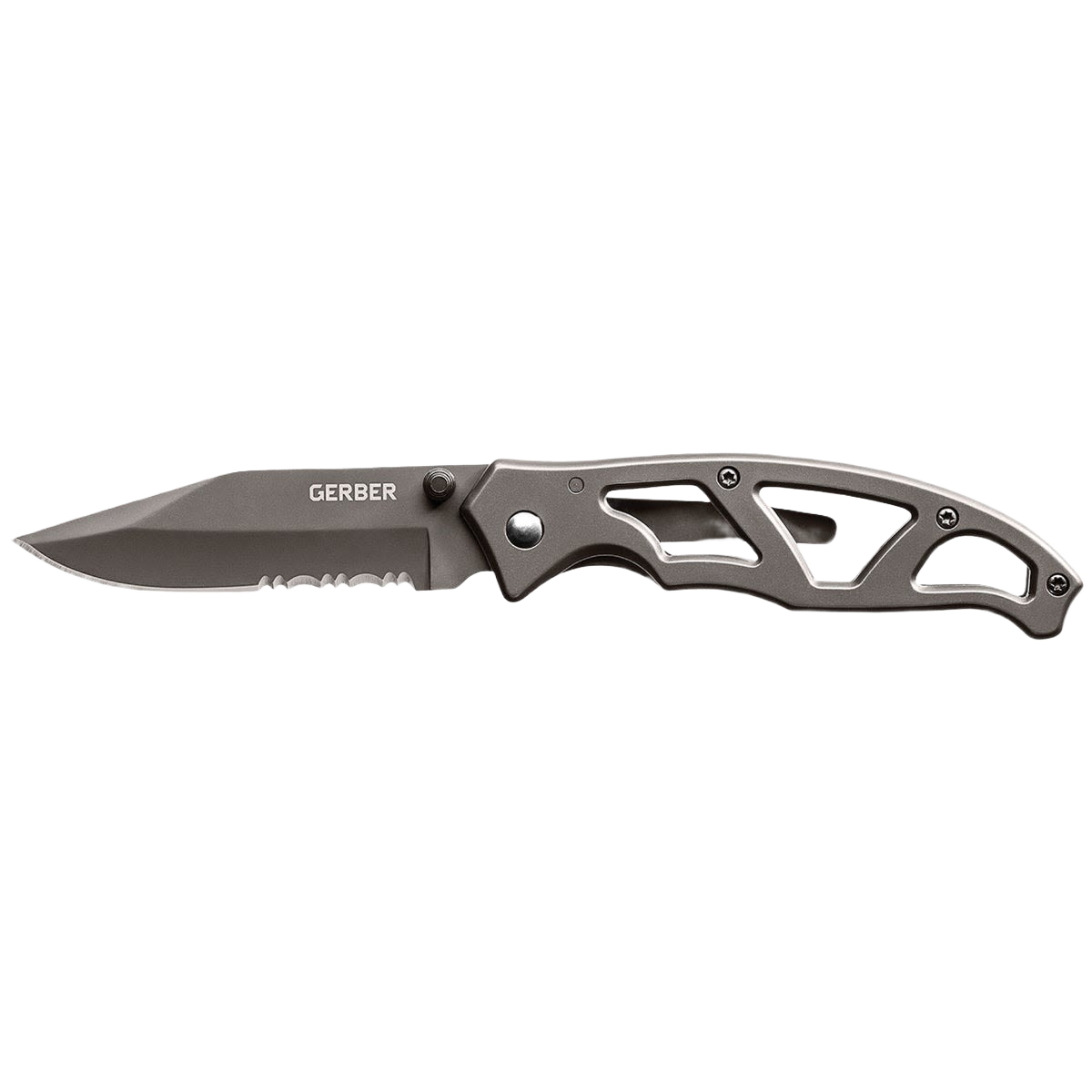 Black partially serrated folding knife with skeletonized handle for cutting and woodworking tools collections