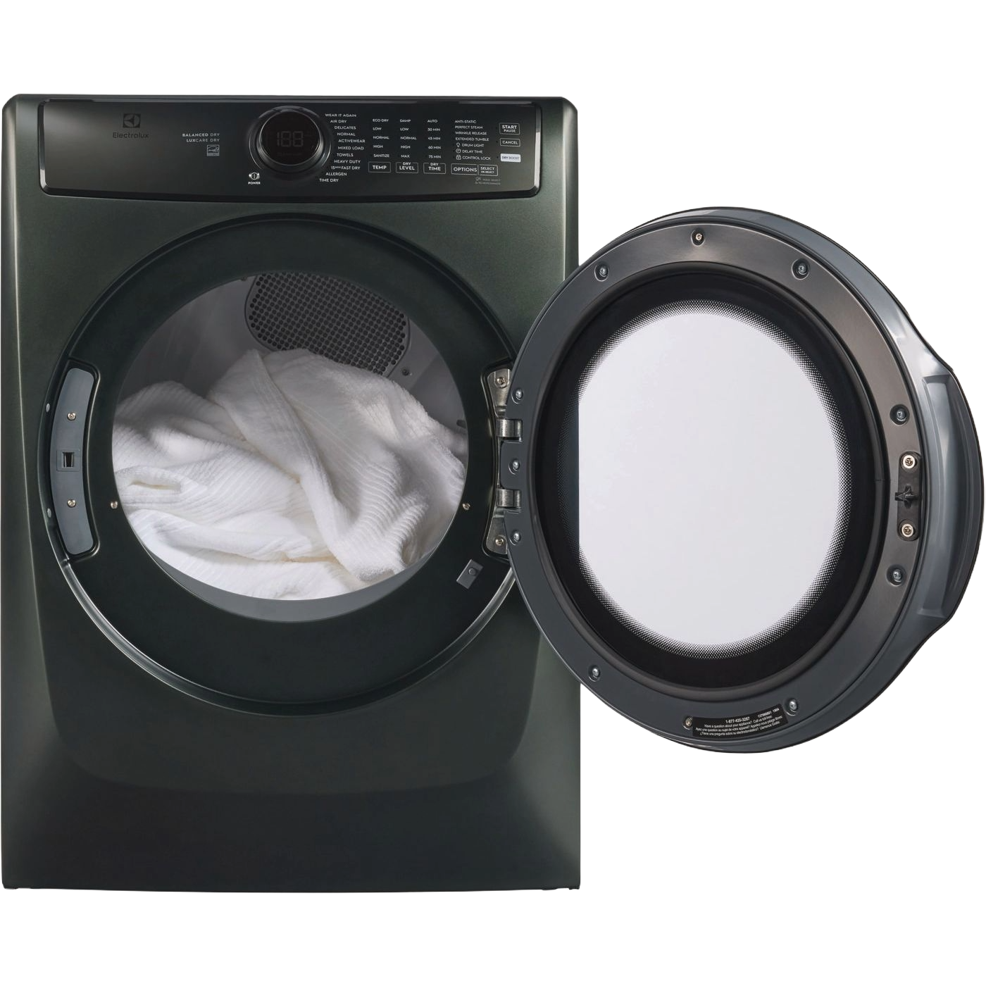 Dark gray front load gas dryer with open door showing white towel inside from Dryers and Appliances collection