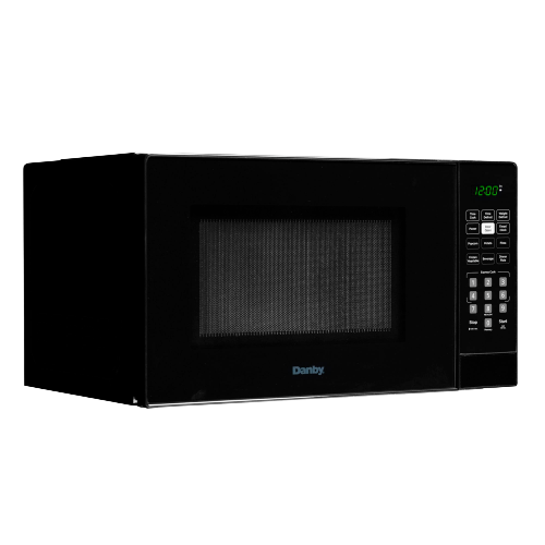 Black countertop microwave with digital keypad and green LED clock display for kitchen and appliance use