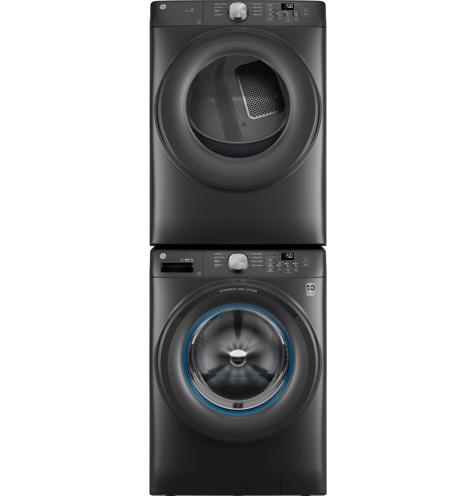 Stacked black smart front load washer and dryer set with digital controls, part of washers and dryers appliances collection
