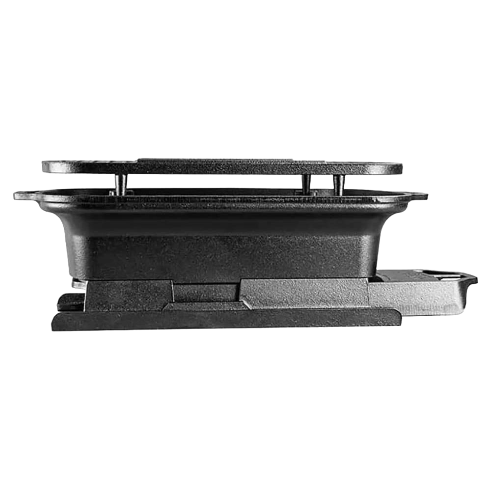 Side view of sturdy cast iron grill with flat cooking surface and handles, part of kitchenware collection