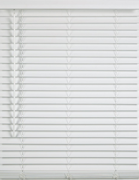 White faux wood window blinds with wide slats and cordless design for easy home improvement installation