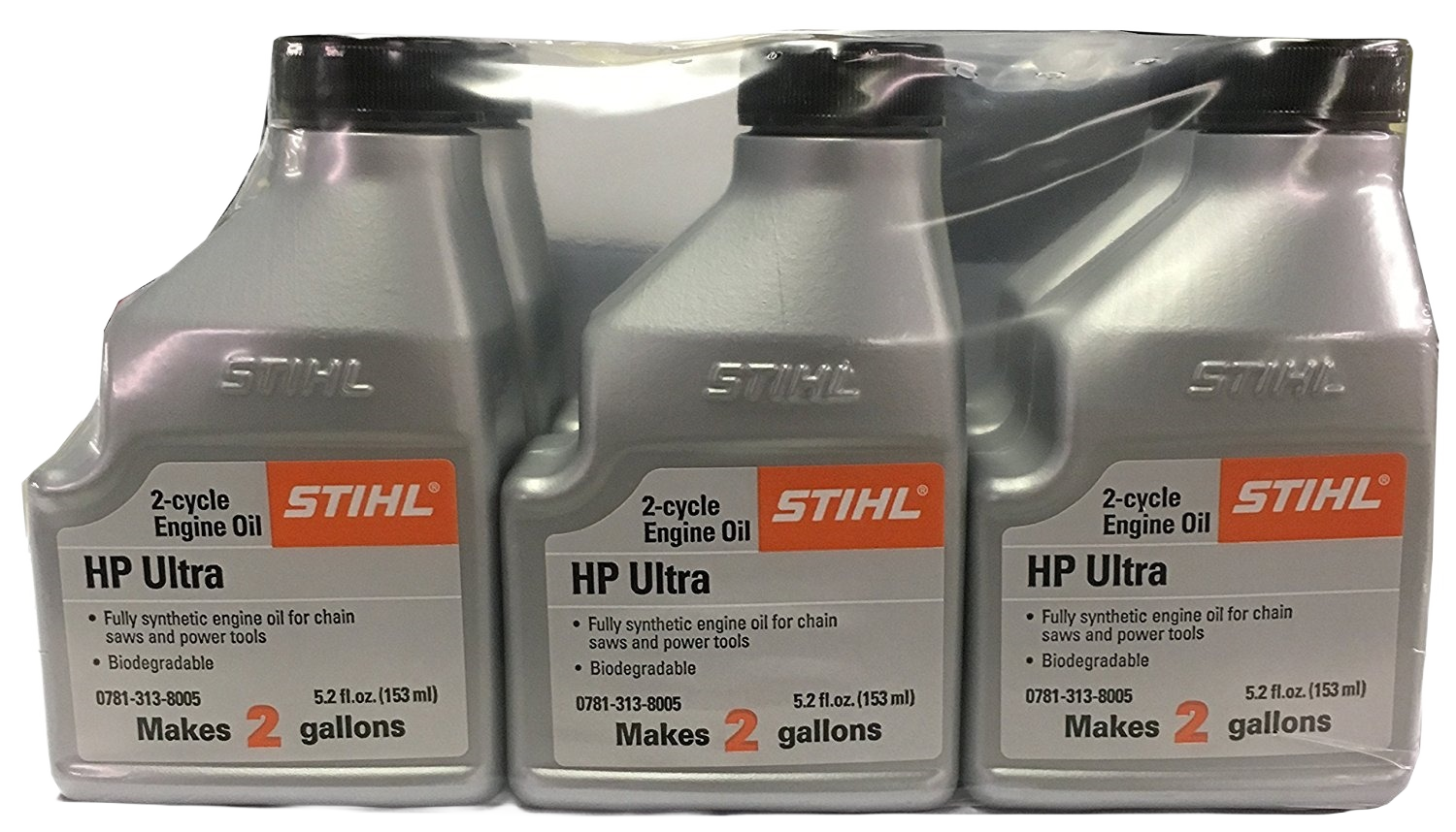 Six-pack of gray STIHL HP Ultra 2-cycle engine oil bottles for chain saw and power tool maintenance