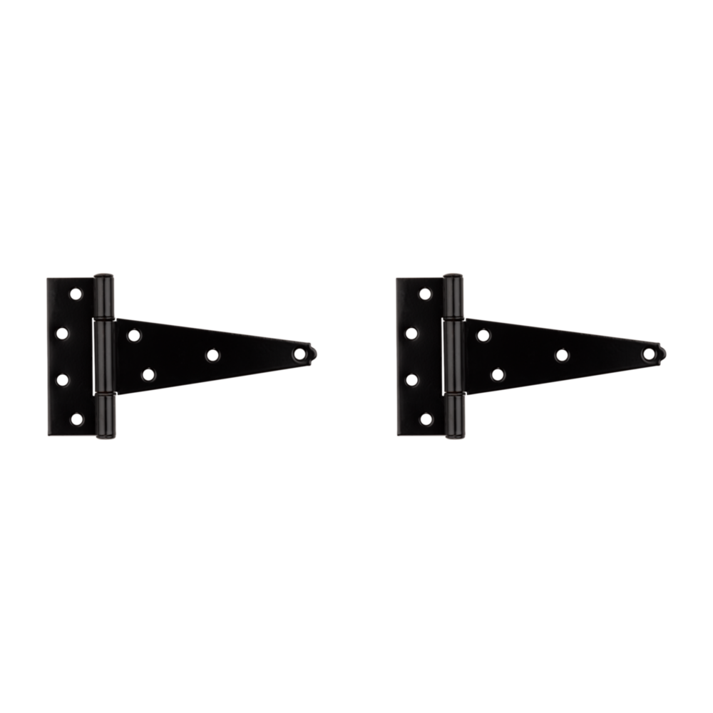 Pair of black heavy-duty 6-inch tee hinges with multiple mounting holes for doors and home improvement projects