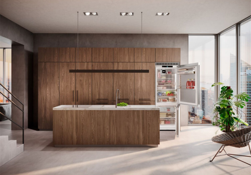 Modern kitchen with wooden cabinetry and open freestanding bottom freezer refrigerator in Refrigerators and Appliances collections