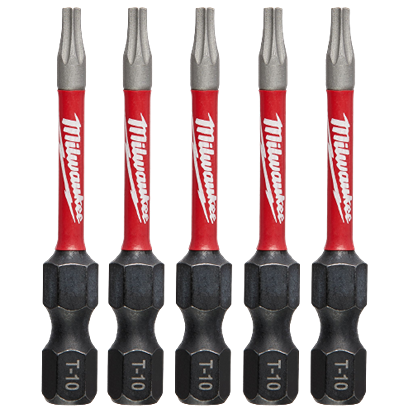 Set of five Milwaukee T10 TORX impact duty bits with red shafts and black hex drive for power tool accessories