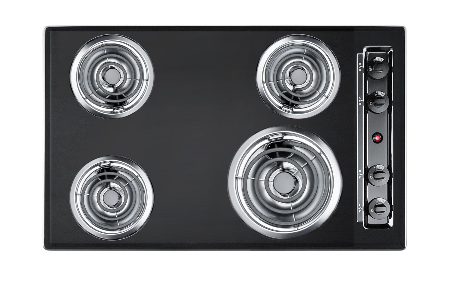 Electric coil cooktop with four burners and control knobs on black surface for kitchen appliances and home improvement