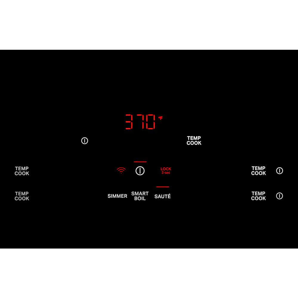 Close-up of digital control panel for 36" Temp Cook induction cooktop showing temperature and cooking mode options