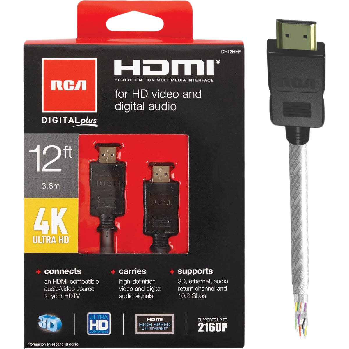 White 12-foot RCA HDMI cable with braided exterior supporting 4K Ultra HD video and digital audio connections