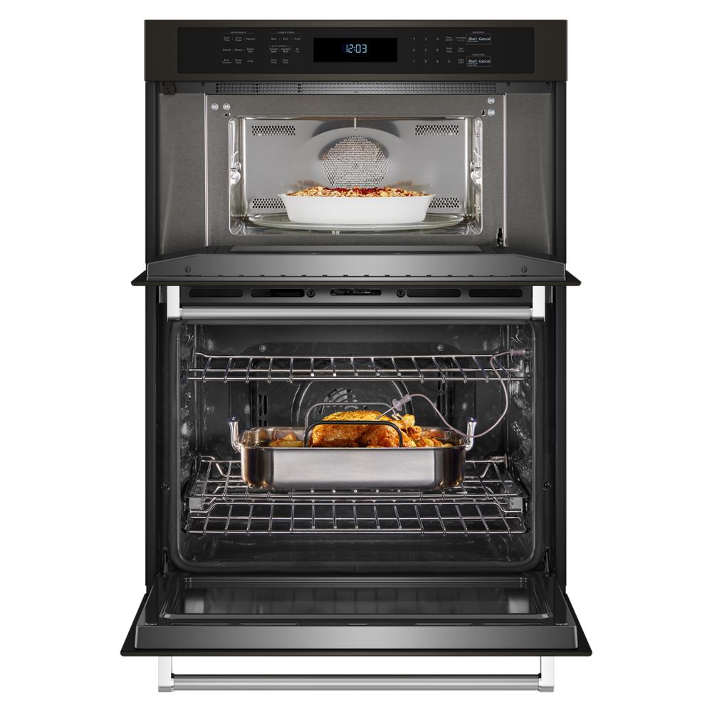 Built-in combination microwave and wall oven with air fry mode and food inside, part of KitchenAid appliances collection