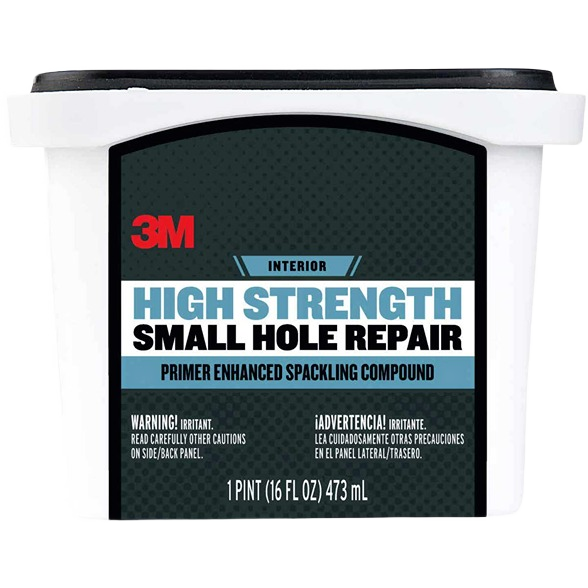 Container of primer-enhanced spackling compound for interior small hole repair in home improvement projects