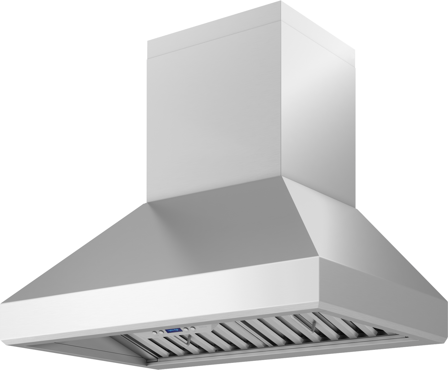 Brushed stainless steel chimney hood with wide canopy and PowerWave ventilation for efficient kitchen air circulation and home improvement