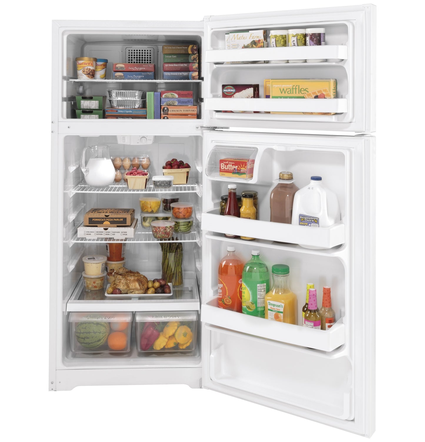 White top-freezer refrigerator open to show stocked organized interior in refrigerators and appliances collection