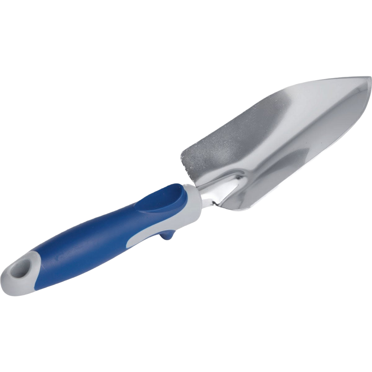 Blue and gray ergonomic hand trowel with polished steel blade for gardening and home improvement tasks