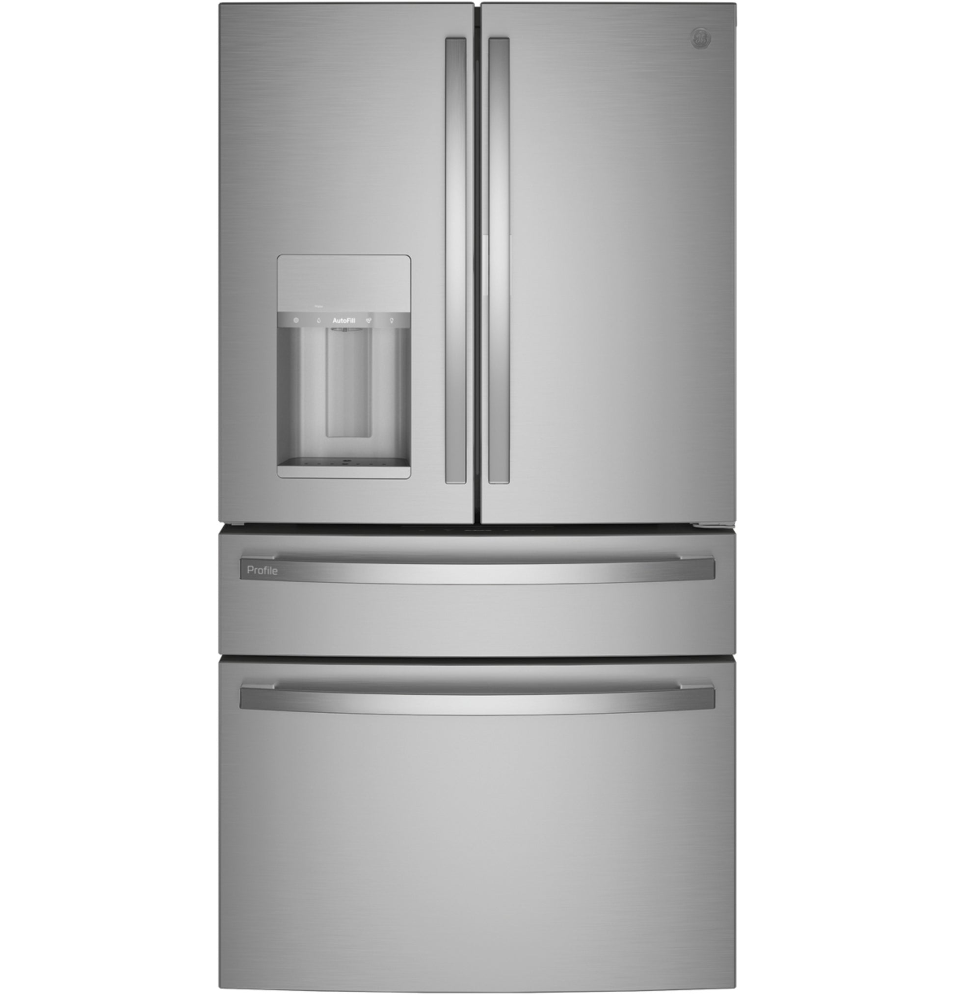 Smart counter-depth stainless steel four-door French-door refrigerator with water dispenser and dual freezer drawers