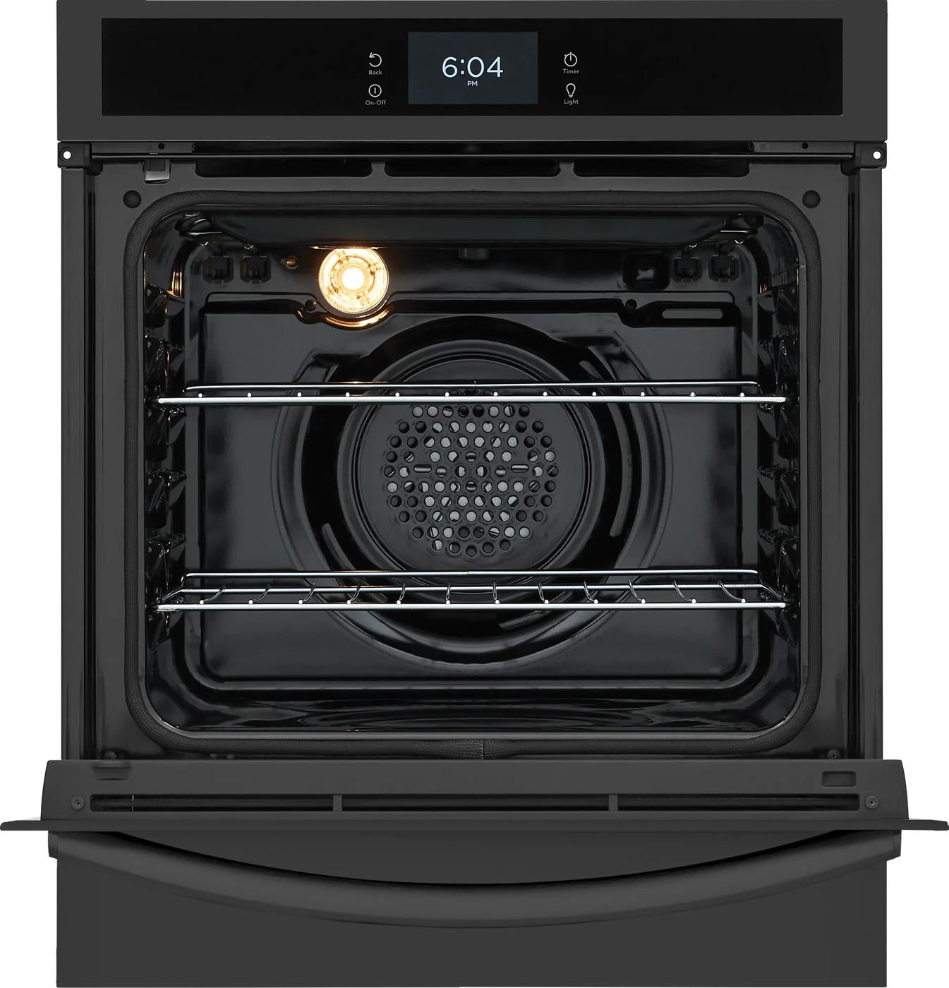 Black single electric wall oven with open door, interior light, dual racks, and digital clock display in kitchen appliances collection