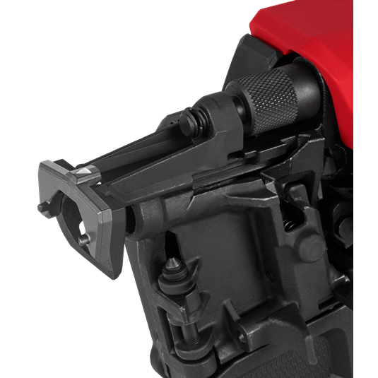 Close-up of black metal nail guide and red housing on Milwaukee M18 FUEL™ coil roofing nailer for home improvement tools