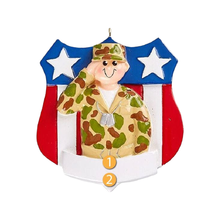 Personalized Army male ornament in camouflage salute with American flag badge, perfect for Christmas Ornaments & Tree Decorations under $50