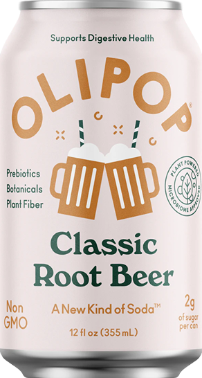 Olipop Classic Root Beer soda can highlighting digestive health support in drinks and food & beverage collection