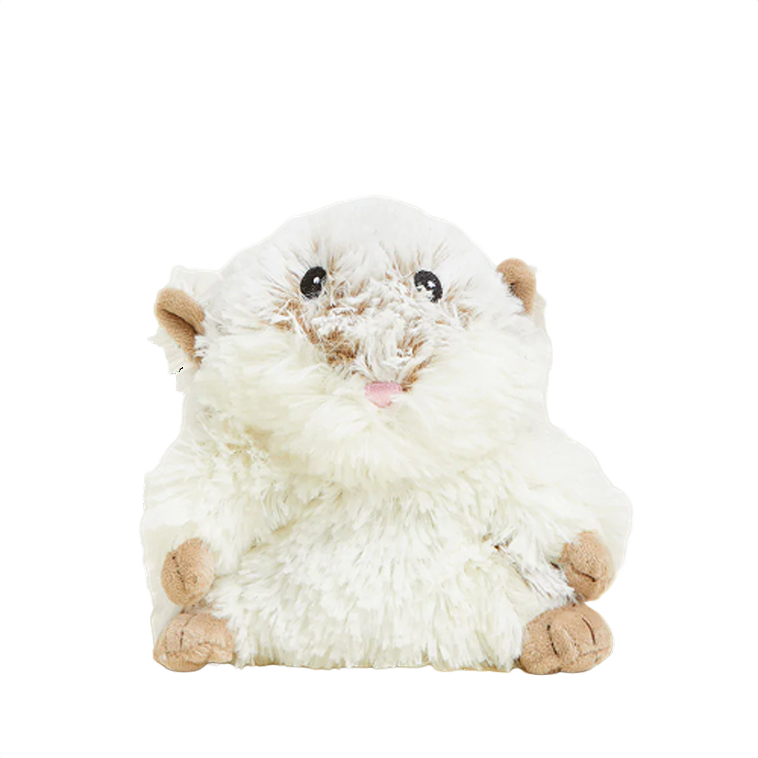 Small microwavable plush hamster with soft white fur and tan paws for cozy comfort in toys and stuffed animals collection