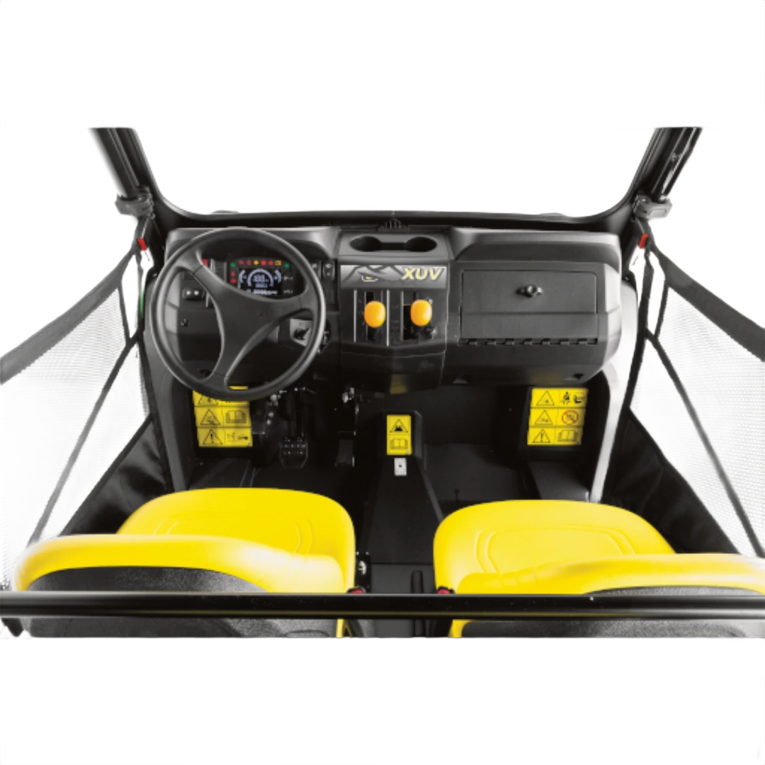 Interior view of utility vehicle with black dashboard, two yellow seats, and safety netting doors for outdoor use