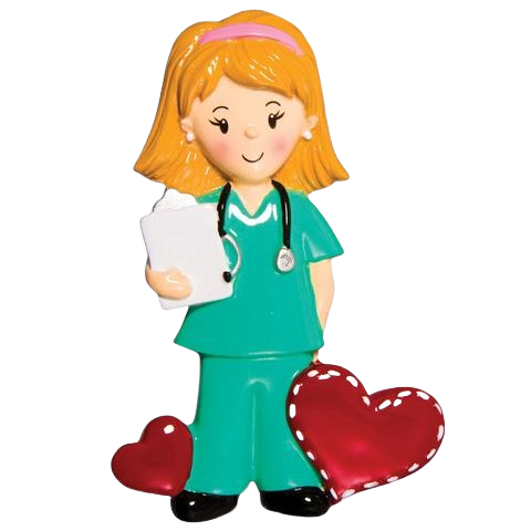 Girl figurine in green scrubs with stethoscope and clipboard standing by red hearts for Christmas Ornaments collection