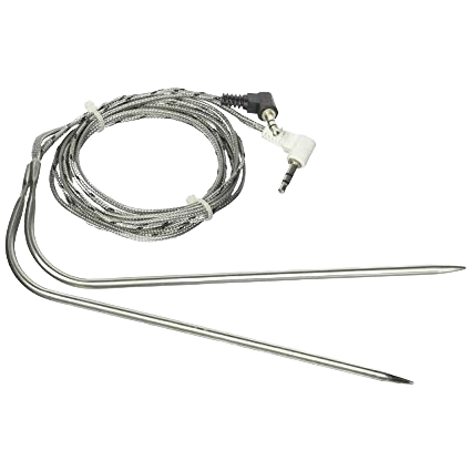Stainless steel meat probe with braided cable and angled connectors for grilling and cooking temperature monitoring