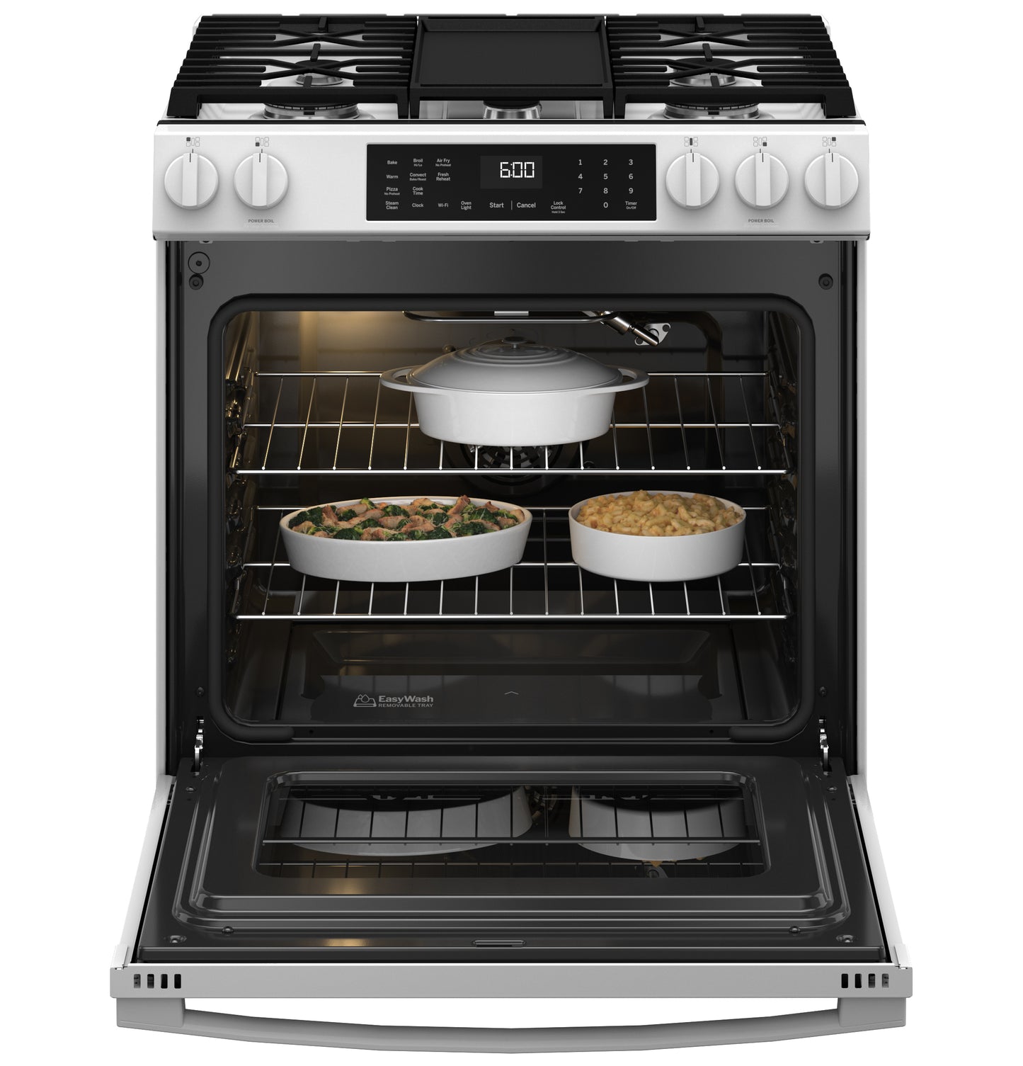 Open stainless steel gas range with convection oven, front controls, and food dishes inside, in kitchen appliances collection