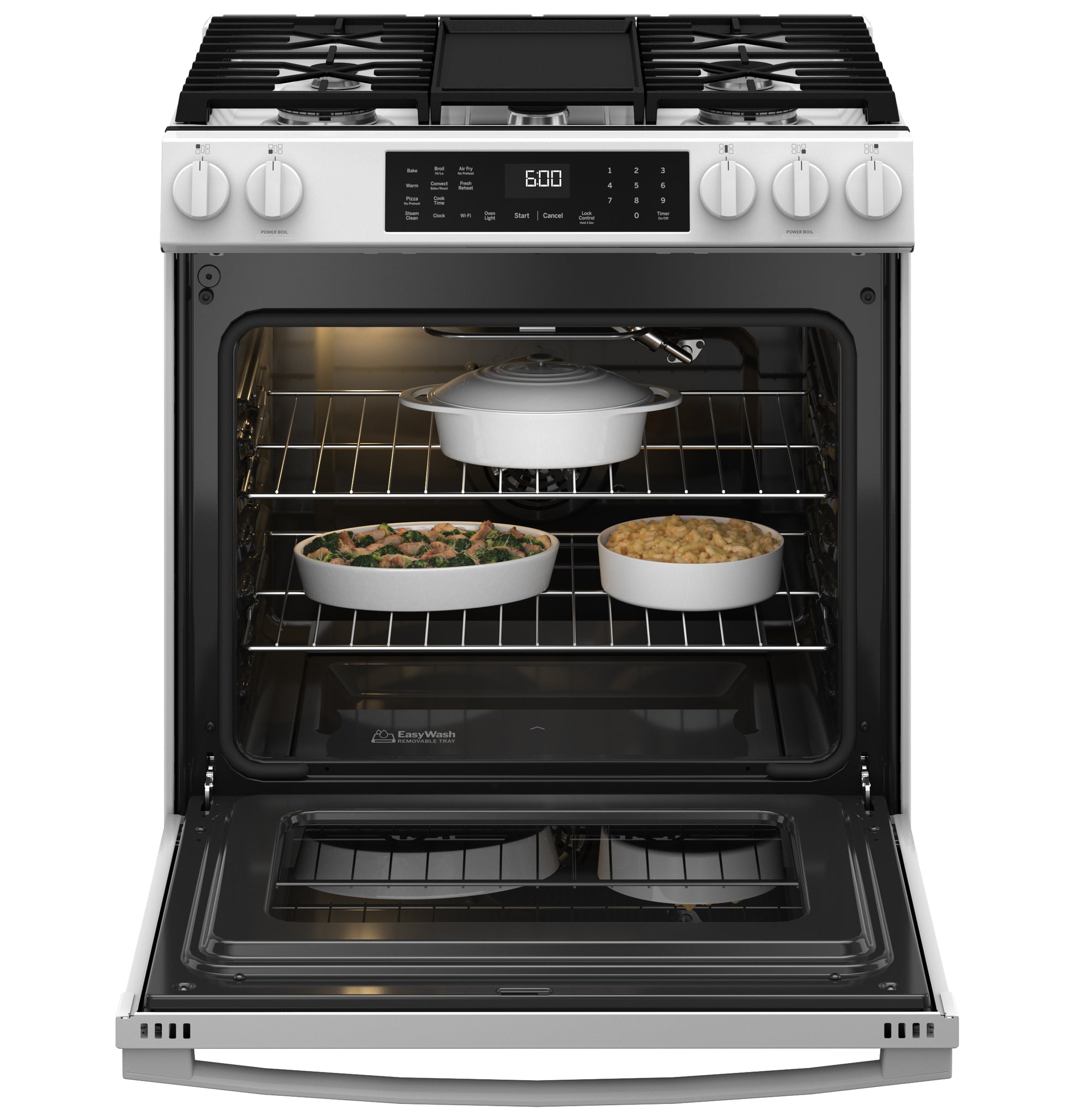 Open stainless steel gas range with convection oven, front controls, and food dishes inside, in kitchen appliances collection