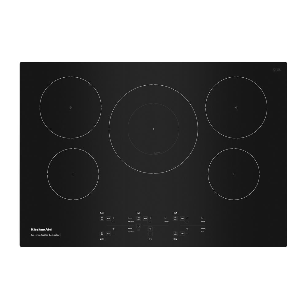 Black 30-inch induction cooktop with five cooking elements and touch controls from KitchenAid appliances collection