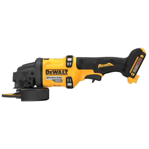 Cordless 60V brushless grinder in yellow and black with side handle and kickback brake for home improvement tools use